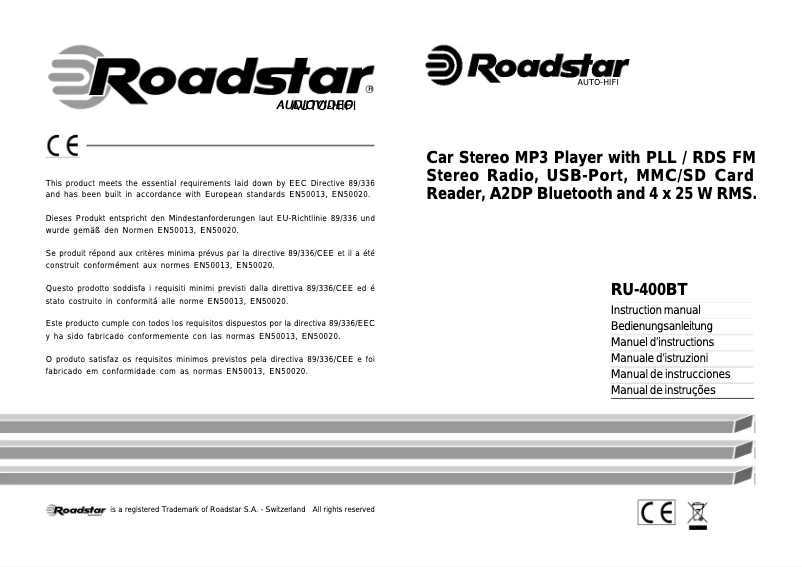 Page 1 de la notice Manuel utilisateur Roadstar RU-400BT
