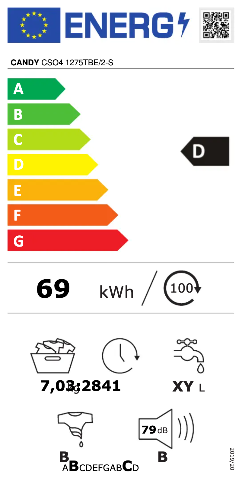 Page n°1 - Label énergétique Candy CSO4 1275TBE/2-S