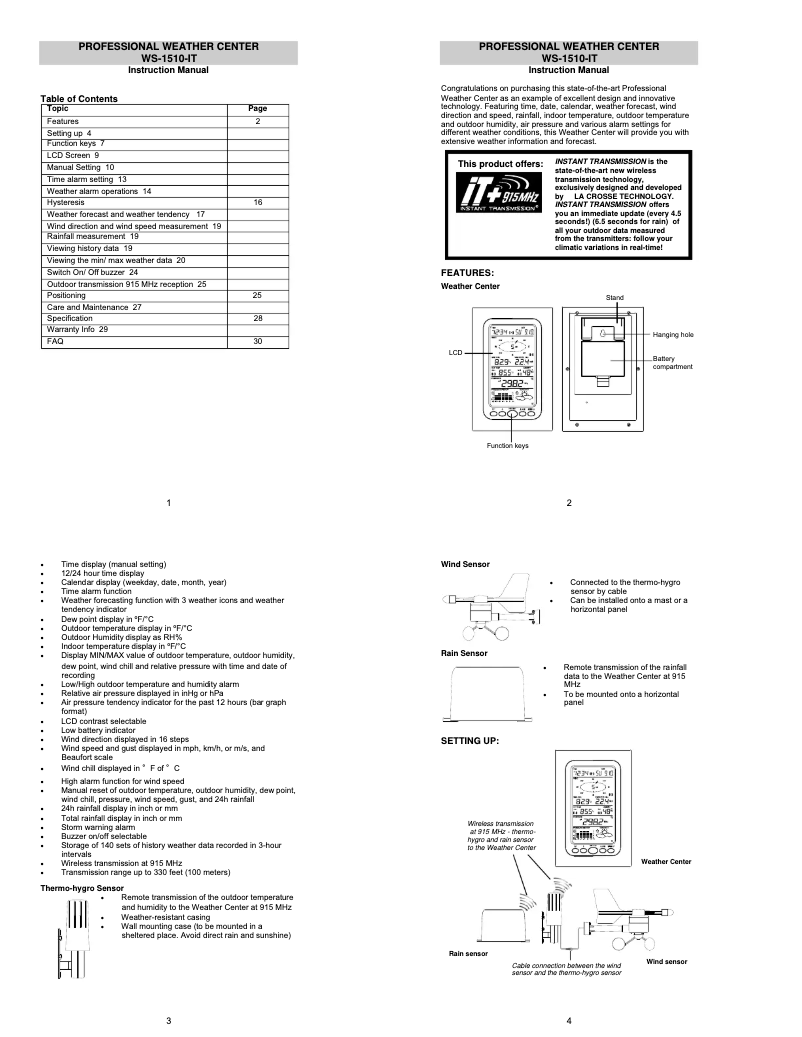 Page n°1 - Manuel utilisateur La Crosse Technology WS-1510U-IT