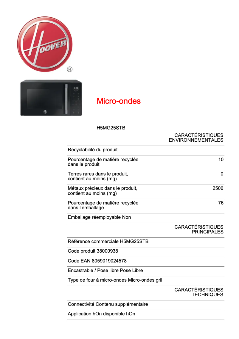 Page n°1 - Fiche technique Hoover H5MG25STB