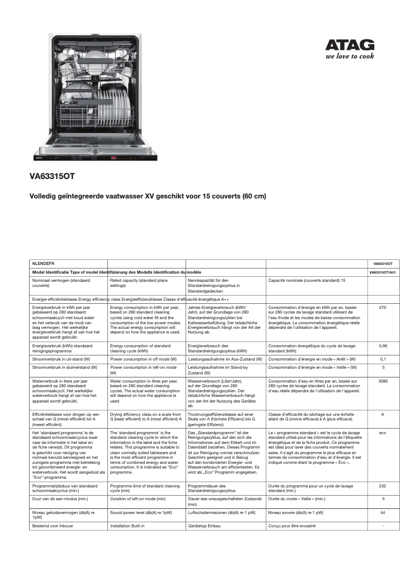 Page 1 de la notice Fiche technique Atag VA63315OT
