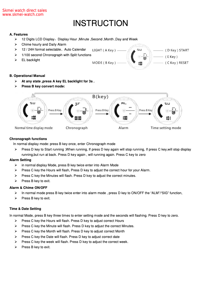 Page 1 de la notice Manuel utilisateur Skmei 0955