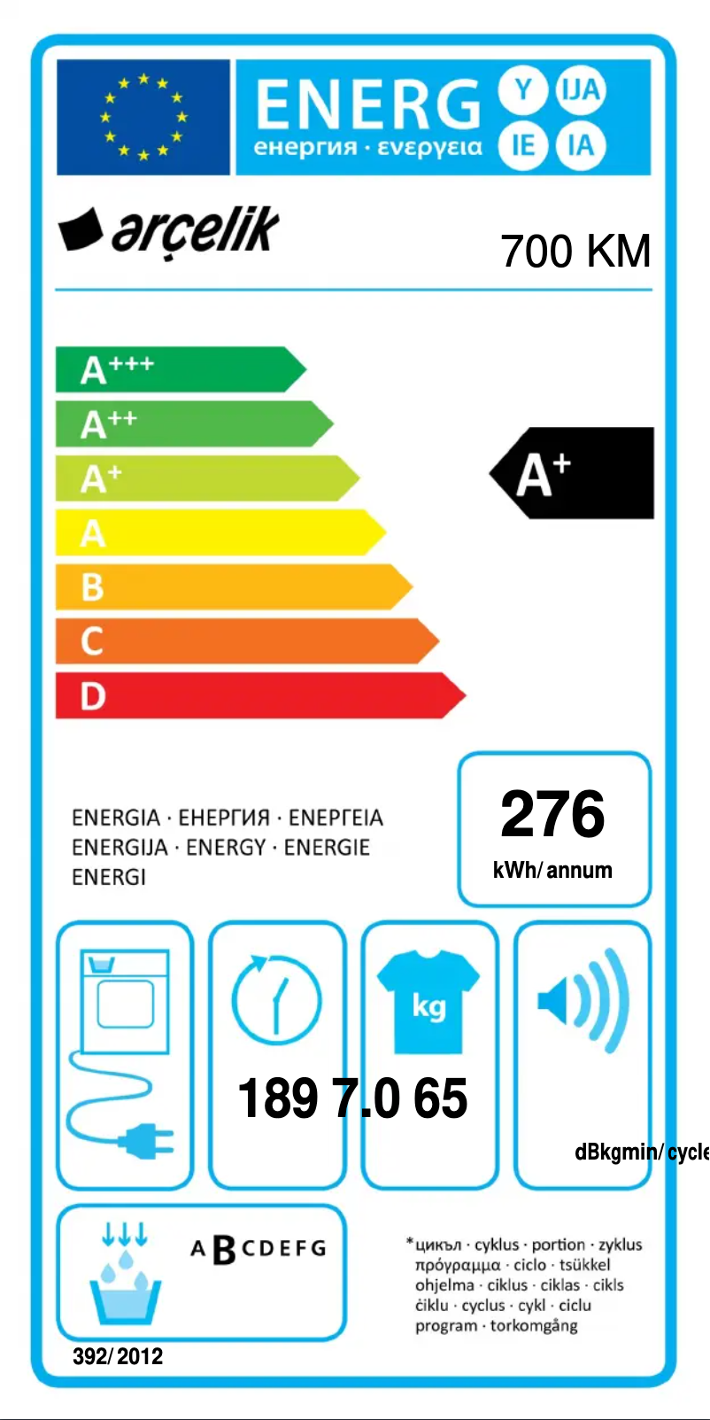 Page 1 de la notice Label énergétique Arçelik 700 KM