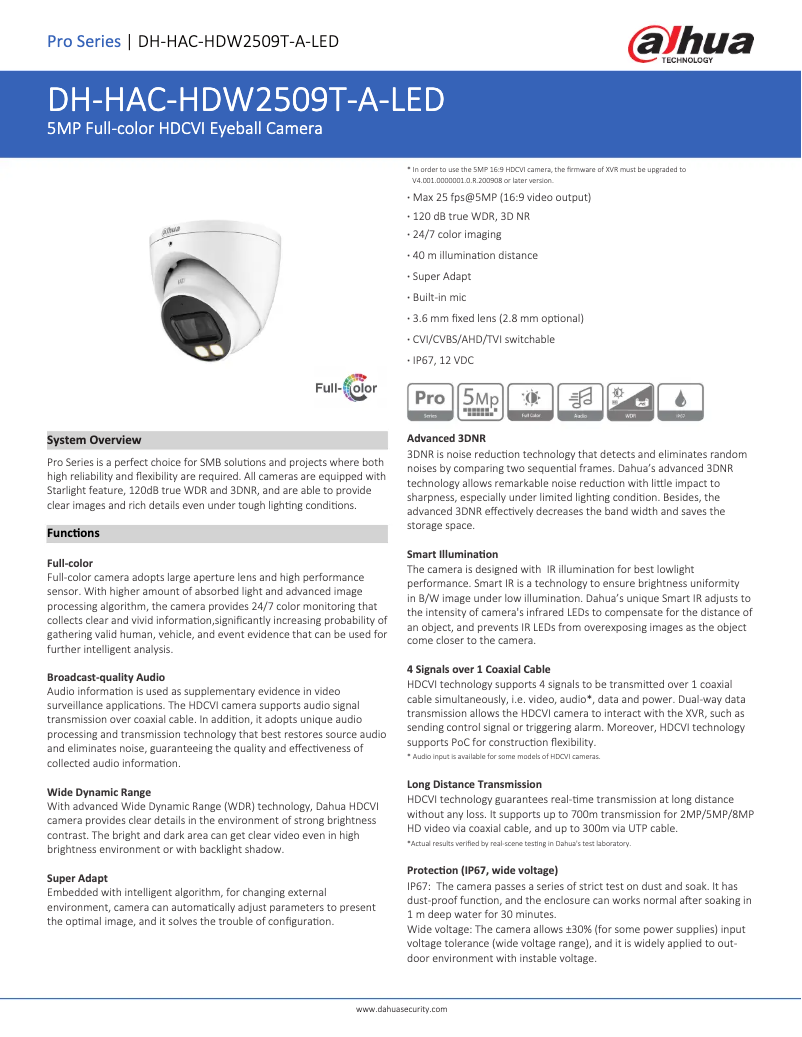 Page 1 de la notice Fiche technique Dahua Technology HAC-HDW2509T-A-LED