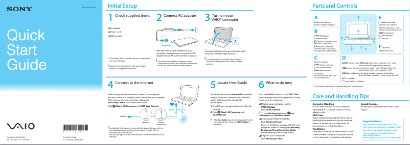 Page 1 de la notice Guide d'installation Sony Vaio Tab 13 SVT13115FDS