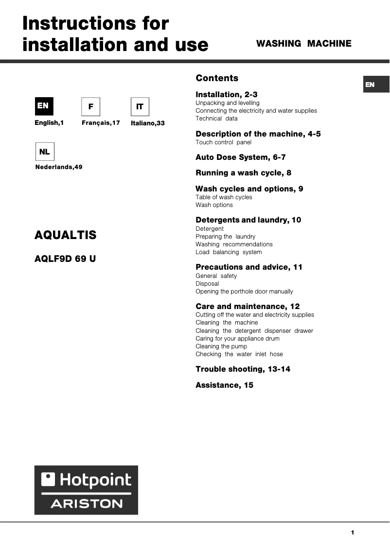 Page n°1 - Manuel utilisateur Hotpoint Ariston AQLF9D69UA