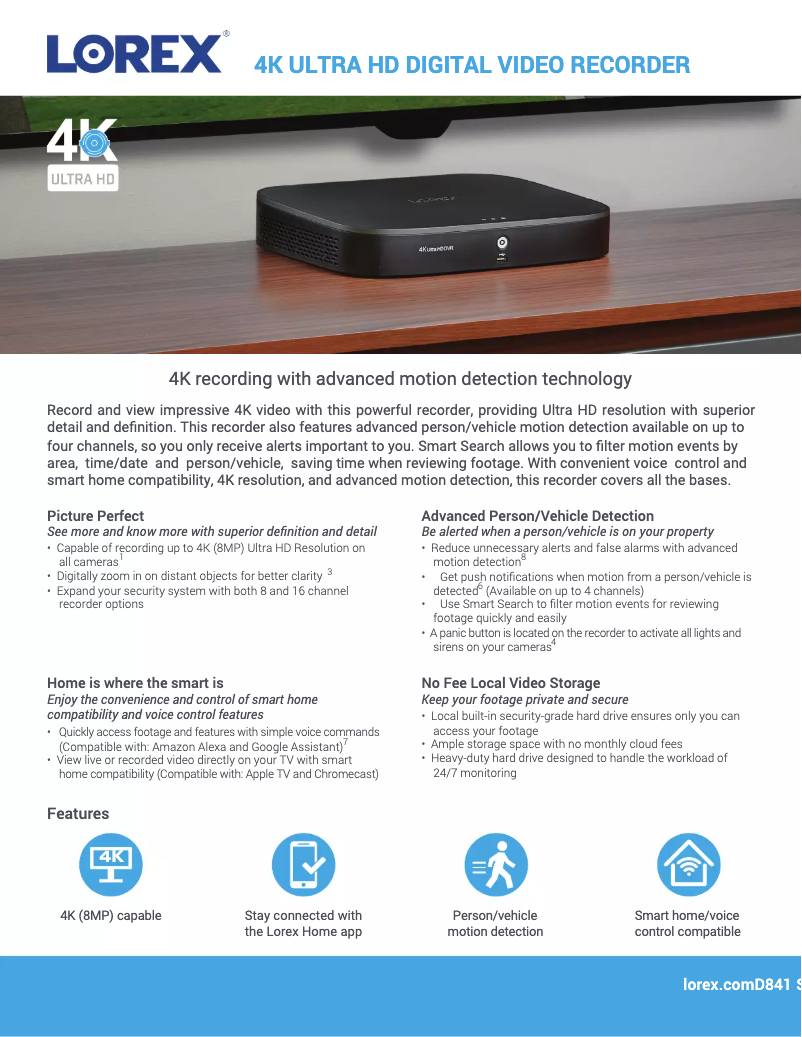 Page 1 de la notice Fiche technique Lorex D841A82B