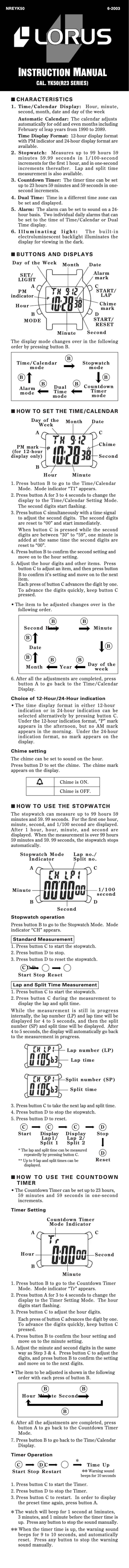 Page n°1 - Manuel utilisateur Lorus YK50