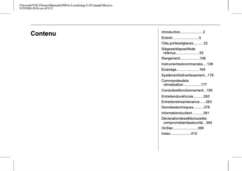 Page 1 de la notice Manuel utilisateur Chevrolet Volt (2016)
