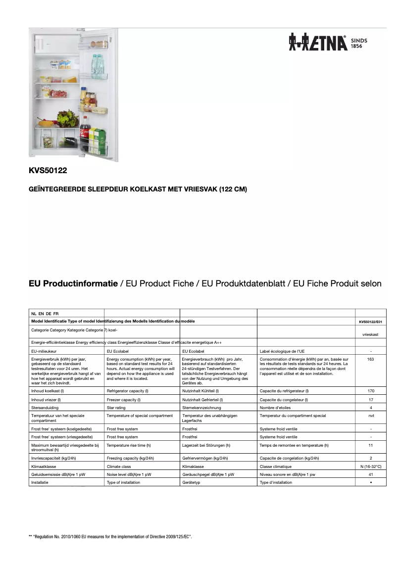 Page 1 de la notice Fiche technique Etna KVS50122