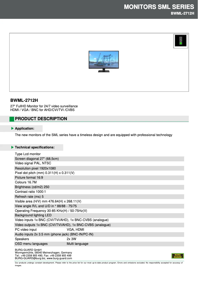 Page 1 de la notice Fiche technique Burg Wächter BWML-2712H