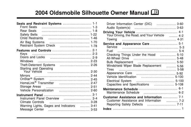 Page n°1 - Manuel utilisateur Oldsmobile Silhouette (1996)