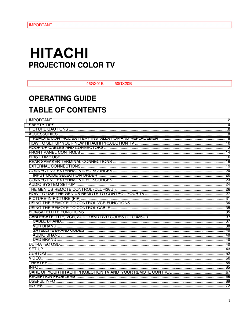 Page 1 de la notice Manuel utilisateur Hitachi 46GX01B