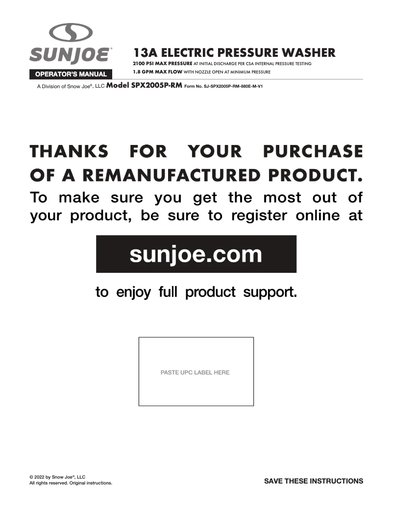 Page 1 de la notice Manuel utilisateur Sun Joe SPX2005P-RM