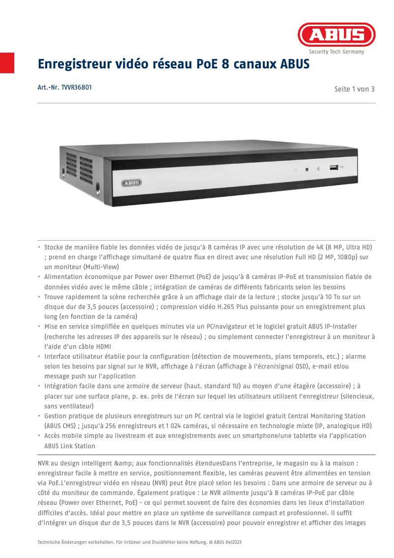 Page 1 de la notice Fiche technique Abus TVVR36801