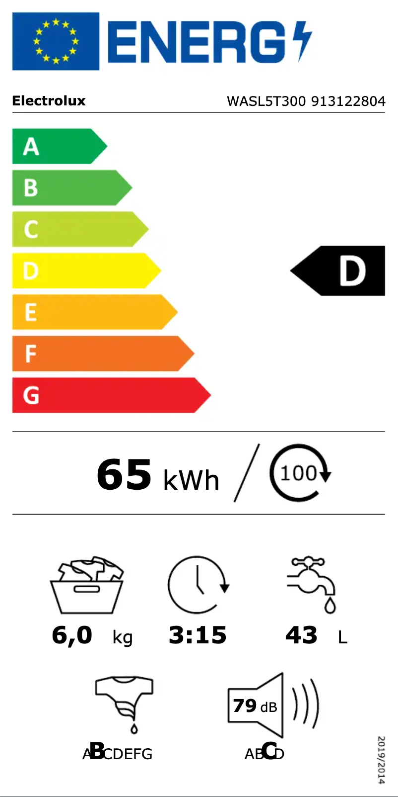 Page 1 de la notice Label énergétique Electrolux WASL5T300