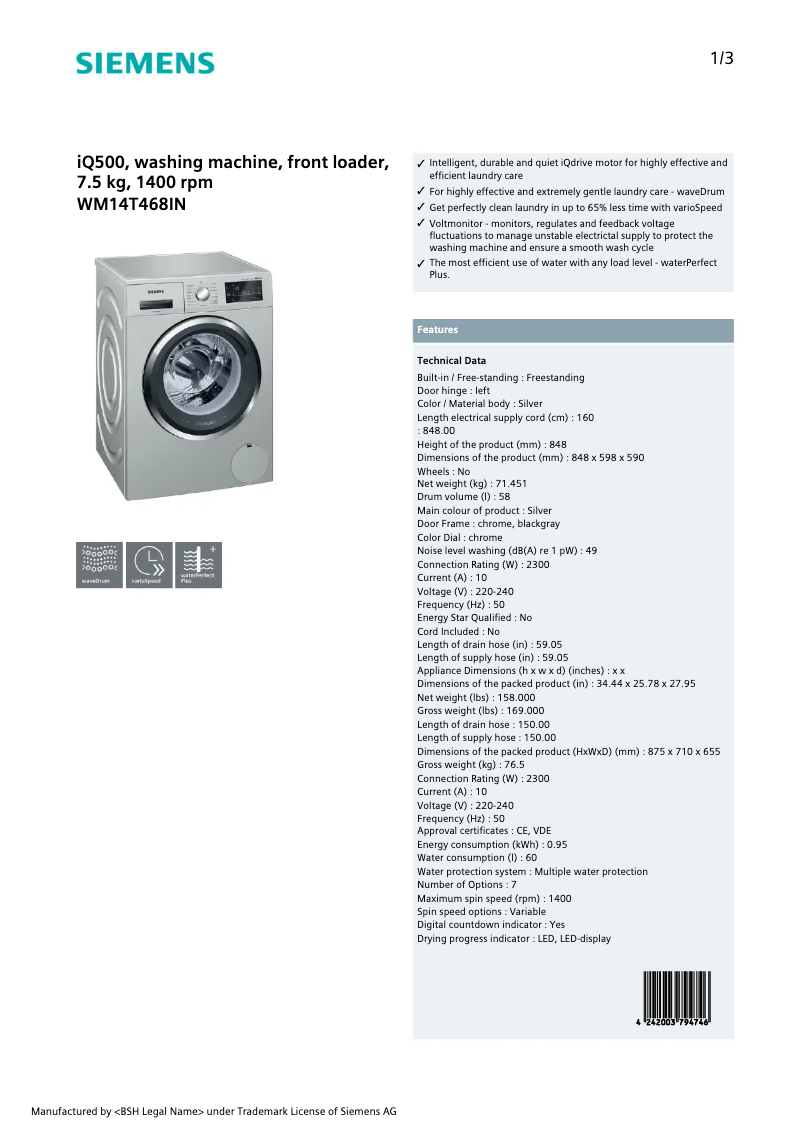 Page n°1 - Fiche technique Siemens WM14T468IN