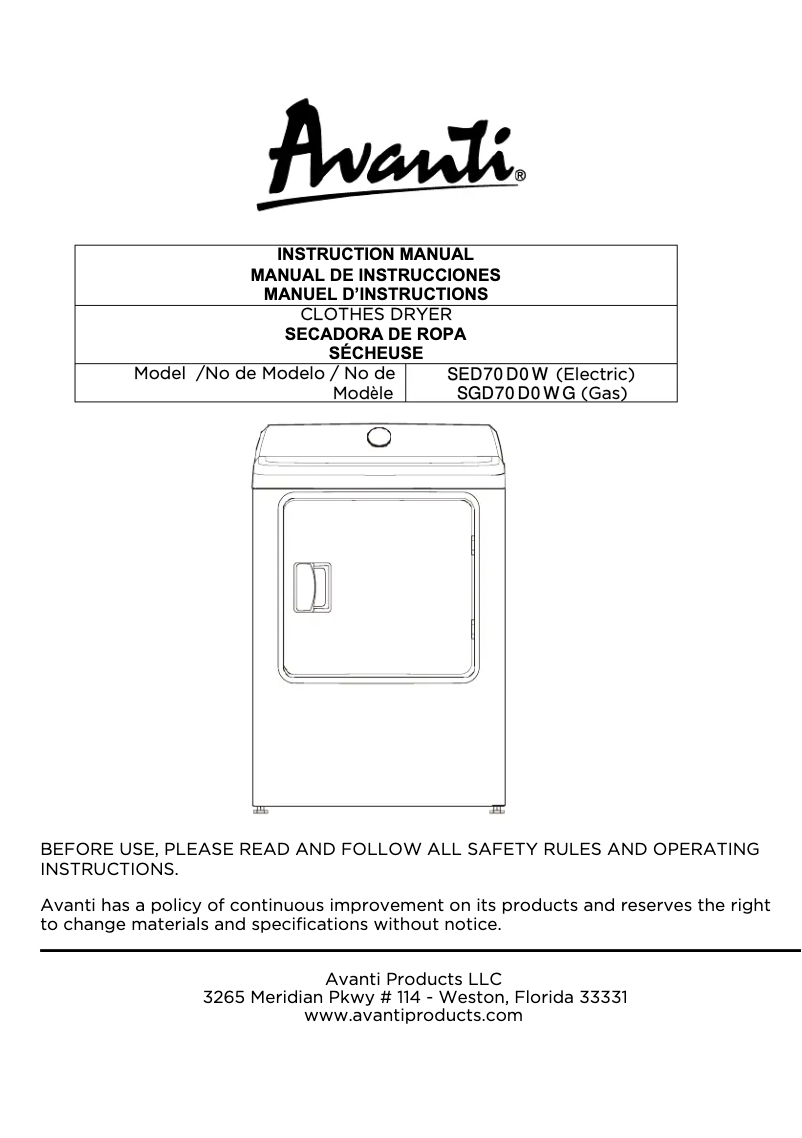 Página 1 del manual Manual de usuario Avanti SGD70D0WG