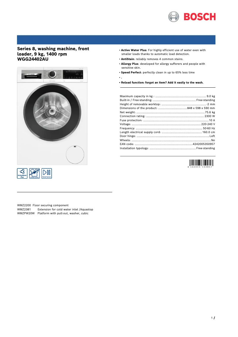 Página 1 del manual Ficha técnica Bosch WGG24402AU