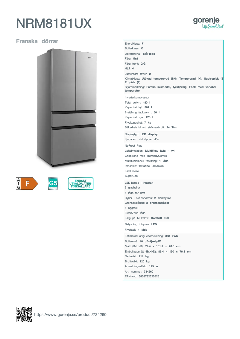 Page n°1 - Fiche technique Gorenje NRM8181UX
