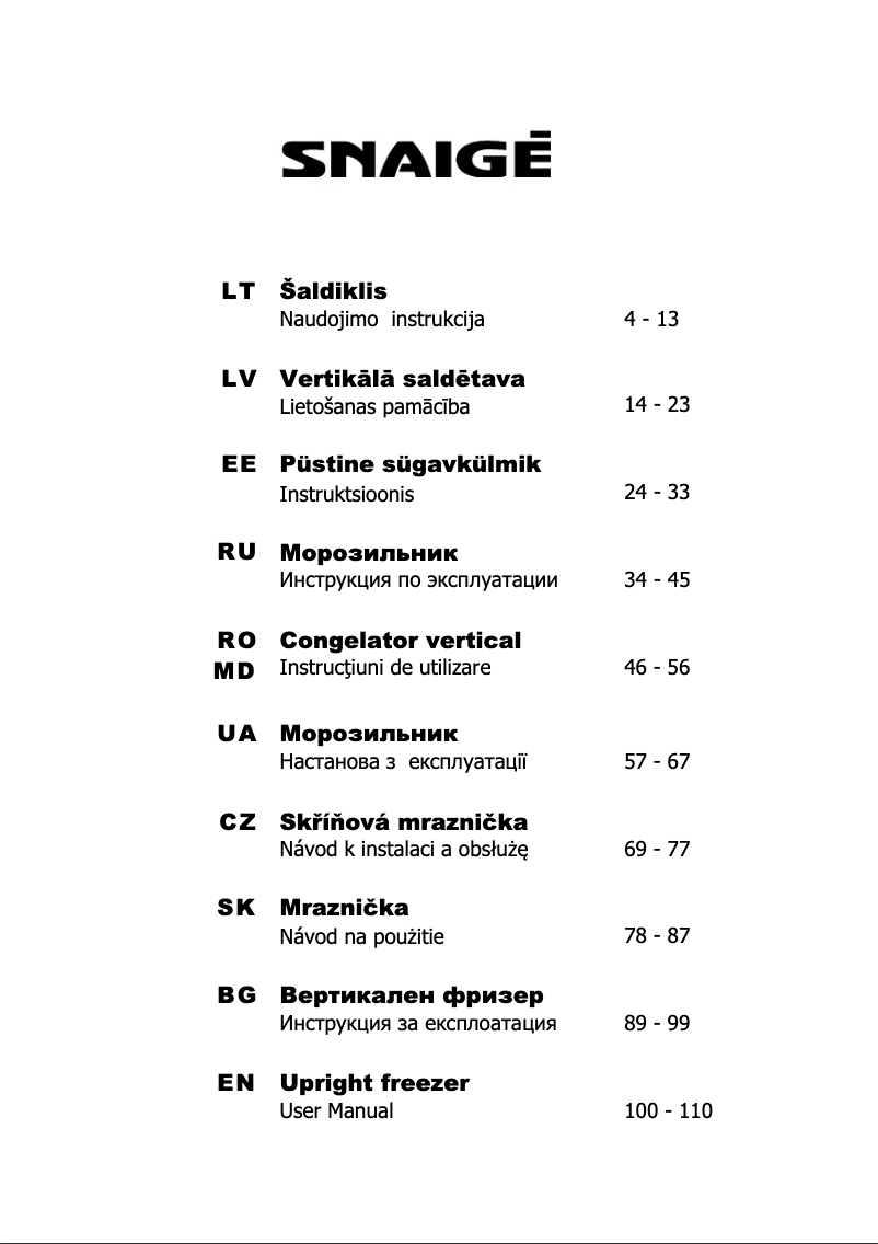 Page 1 de la notice Manuel utilisateur Snaigė Fresh INN F 28FA-TM002EF