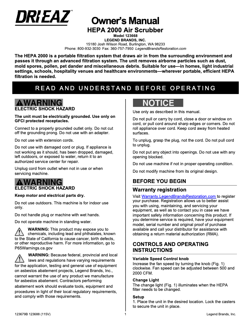 Page 1 de la notice Manuel utilisateur Dri Eaz HEPA 2000