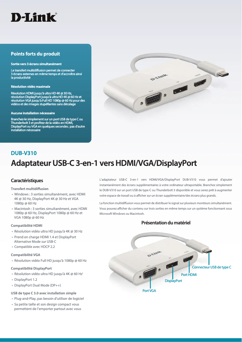 Page 1 de la notice Fiche technique D-Link DUB-V310
