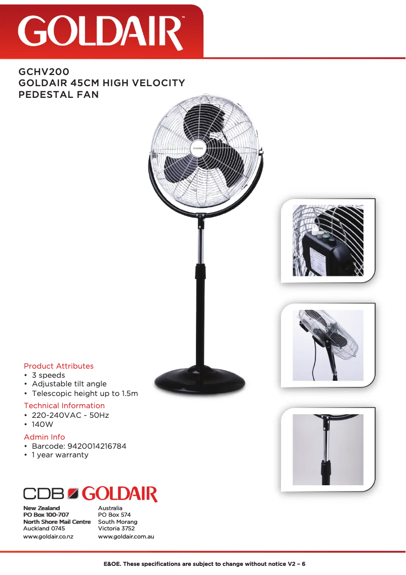 Page 1 de la notice Fiche technique GoldAir GCHV200