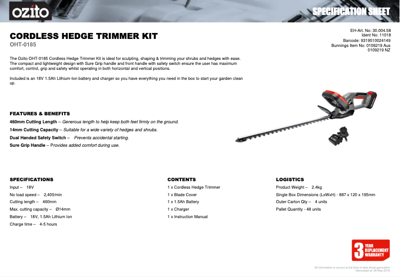 Página 1 del manual Ficha técnica Ozito OHT-0185