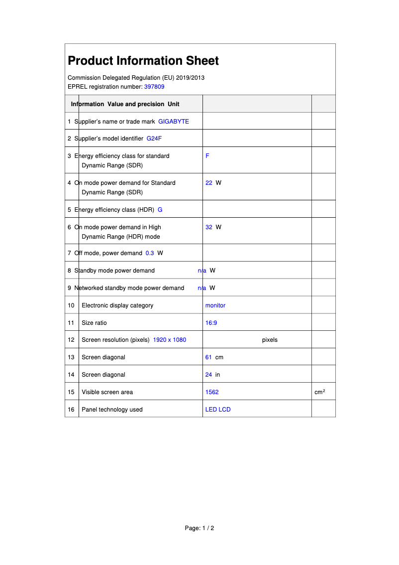 Page 1 de la notice Fiche technique Gigabyte G24F