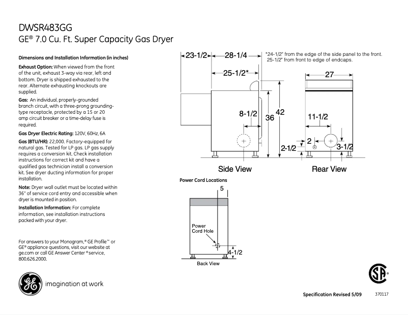 Page n°1 - Fiche technique GE DWSR483GGWW