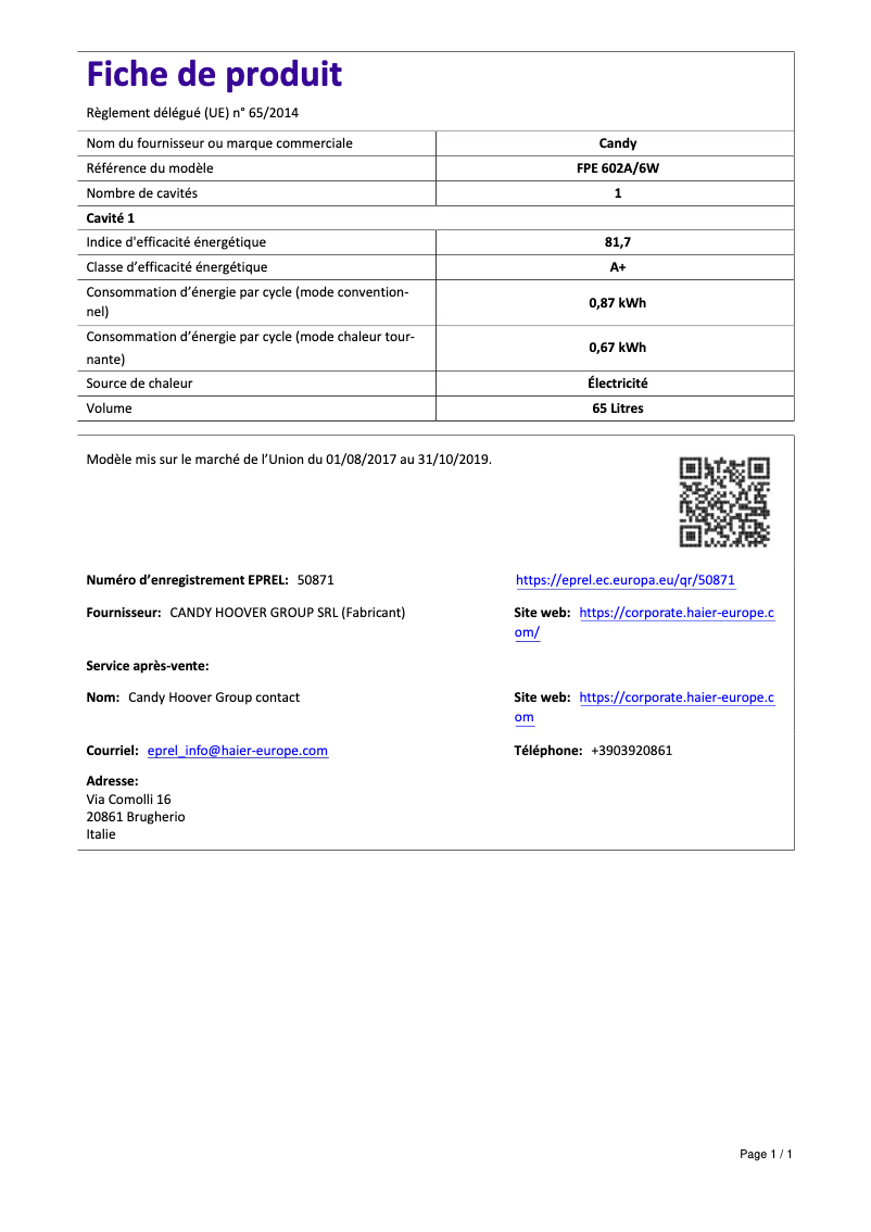 Page n°1 - Manuel utilisateur Candy FPE 602A/6W