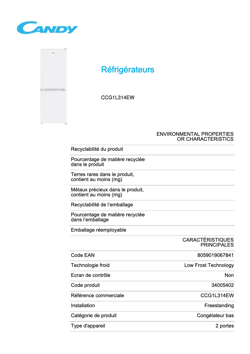 Page 1 de la notice Fiche technique Candy CCG1L314EW