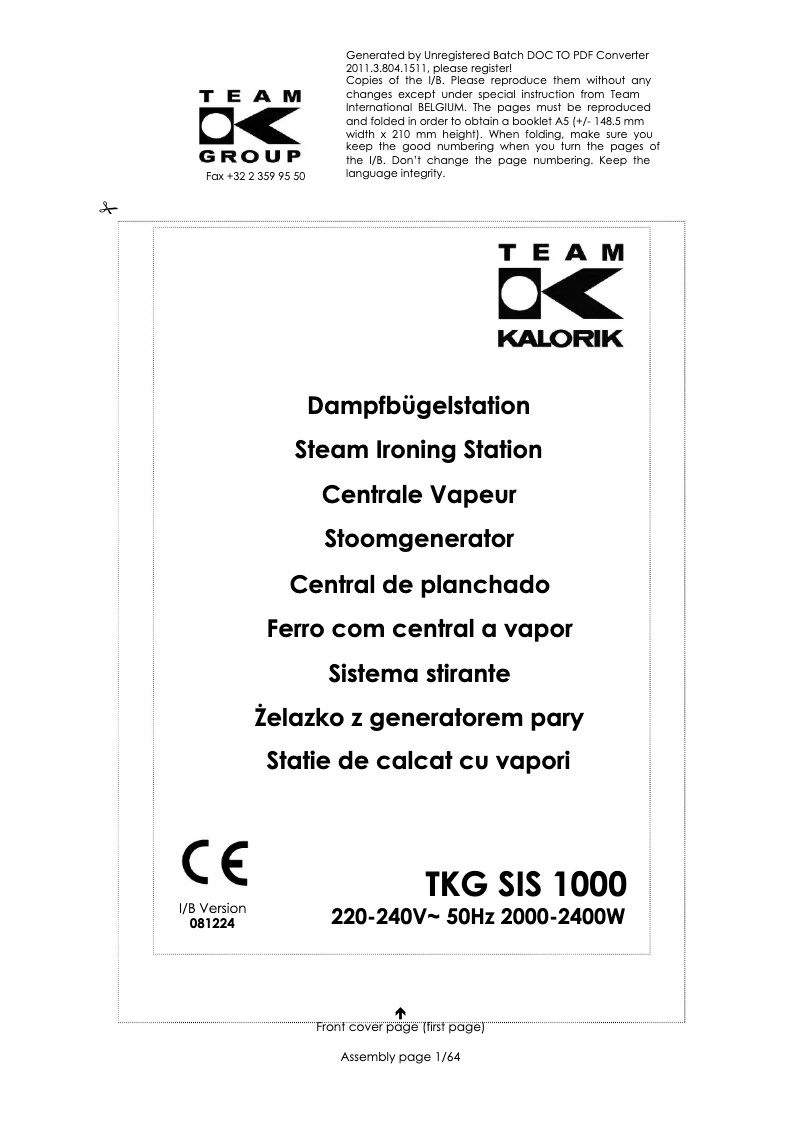 Page 1 de la notice Manuel utilisateur Kalorik TKG SIS 1000