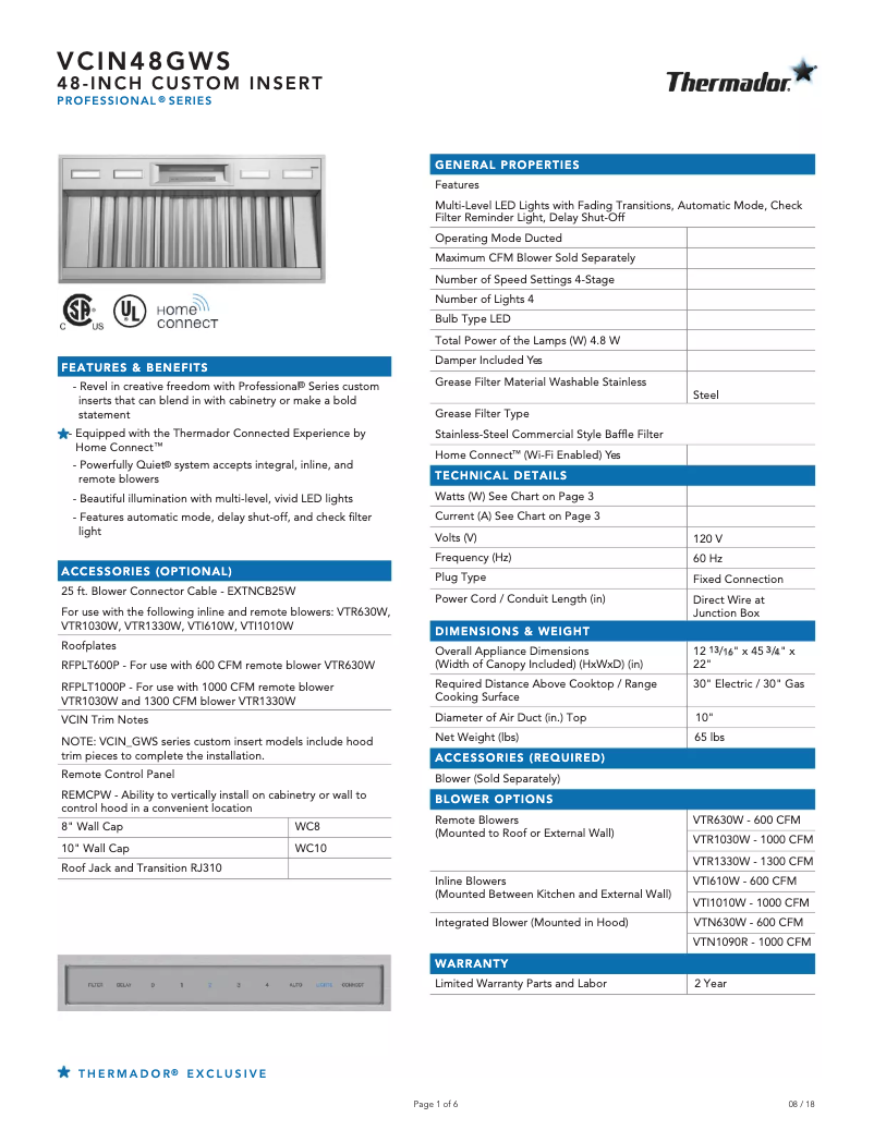 Page 1 de la notice Fiche technique Thermador VCIN48GWS