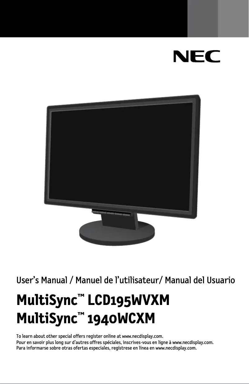 Imagen de la primera página del manual del dispositivo MultiSync LCD195WVXM