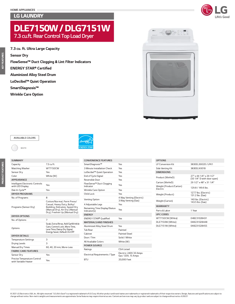 Page 1 de la notice Fiche technique LG DLG7151W