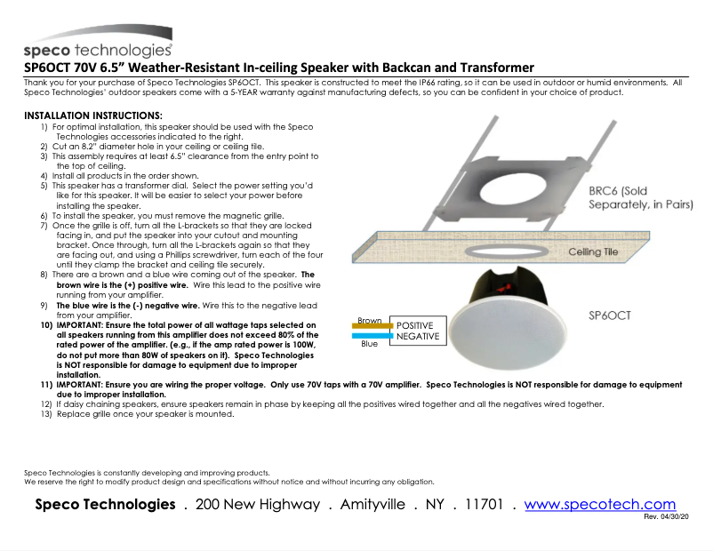 Page 1 de la notice Manuel utilisateur Speco Technologies SP6OCT