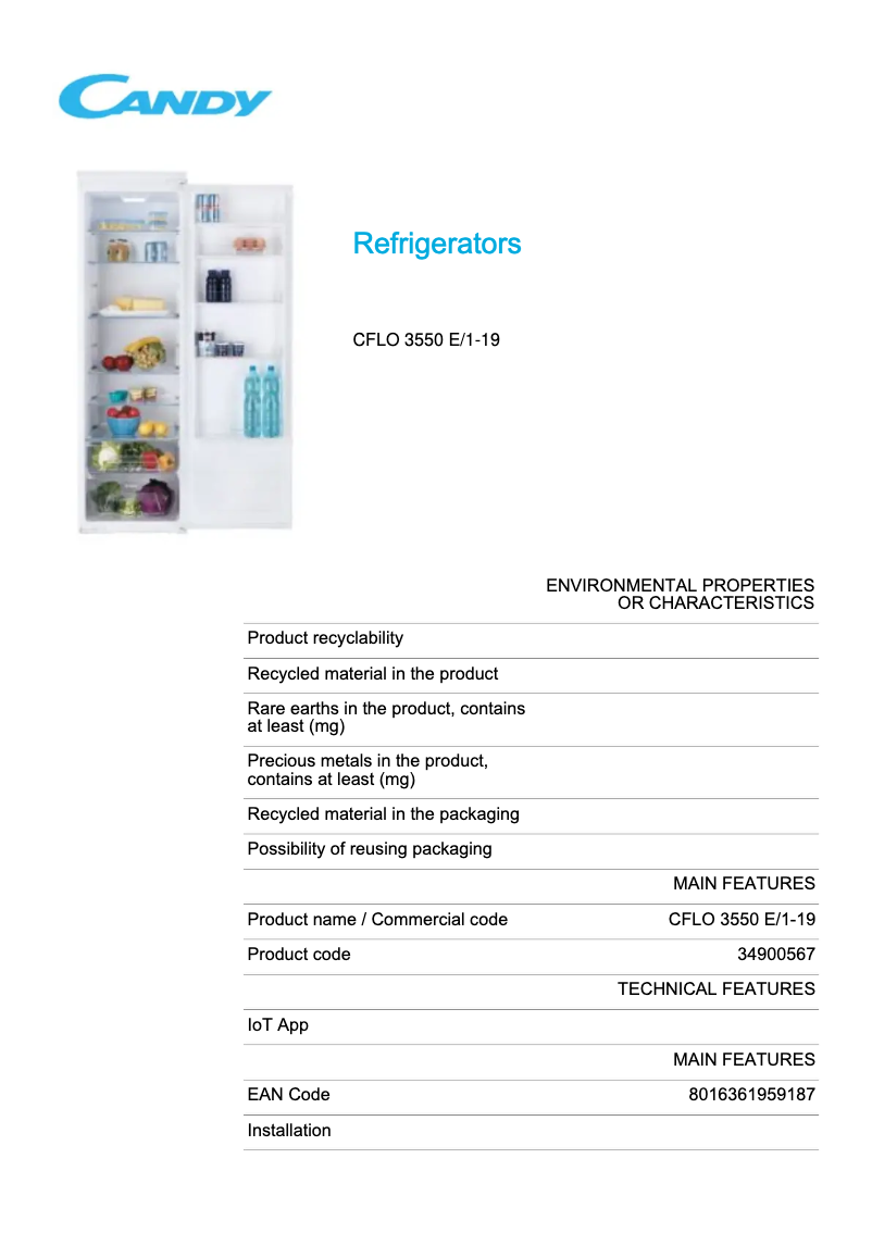 Page 1 de la notice Fiche technique Candy CFLO 3550 E/1-19