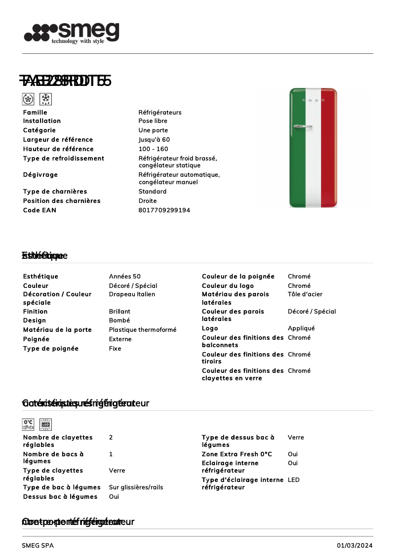 Page 1 de la notice Fiche technique Smeg FAB28RDIT5
