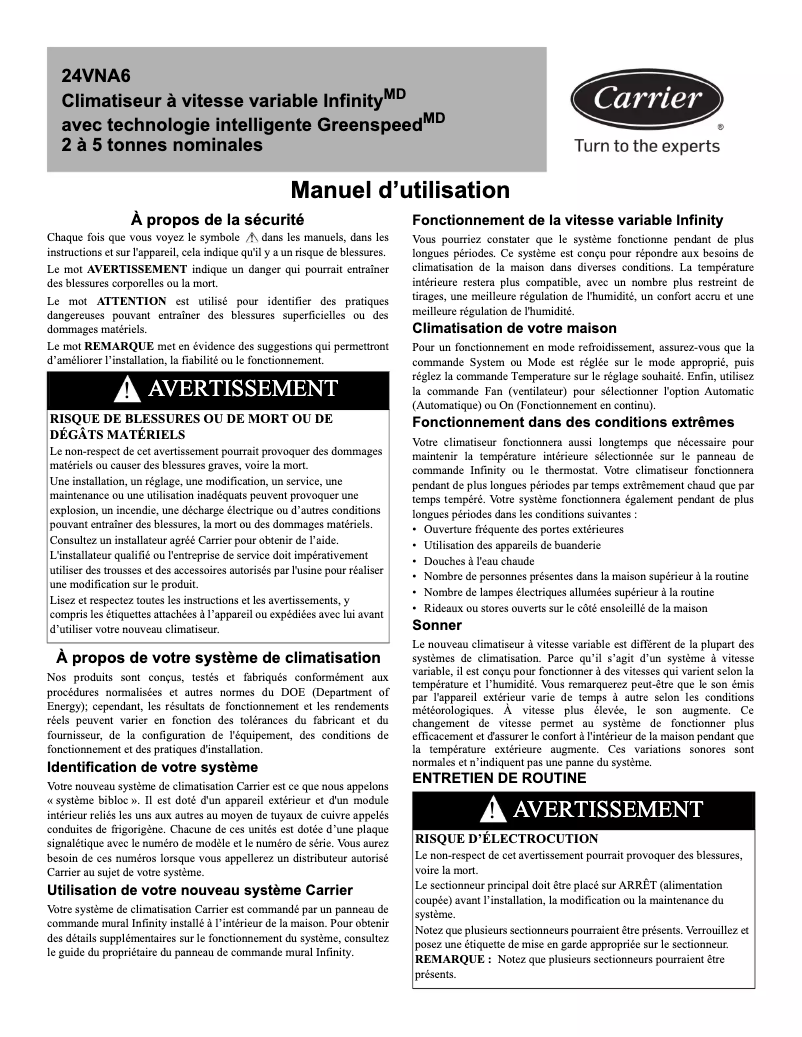 Page 1 de la notice Manuel utilisateur Carrier Infinity 24VNA6