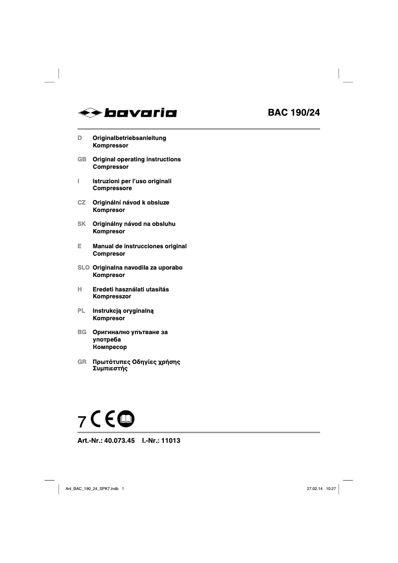 Page n°1 - Manuel utilisateur Bavaria BAC 190/24