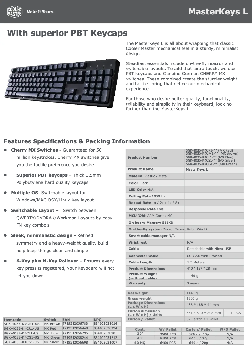 Page 1 de la notice Fiche technique Cooler Master MasterKeys L