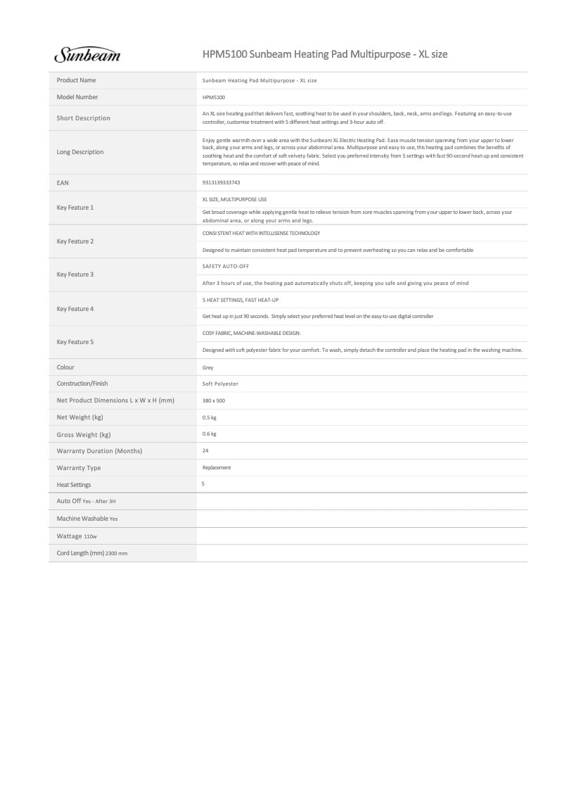 Page 1 de la notice Fiche technique Sunbeam HPM5100