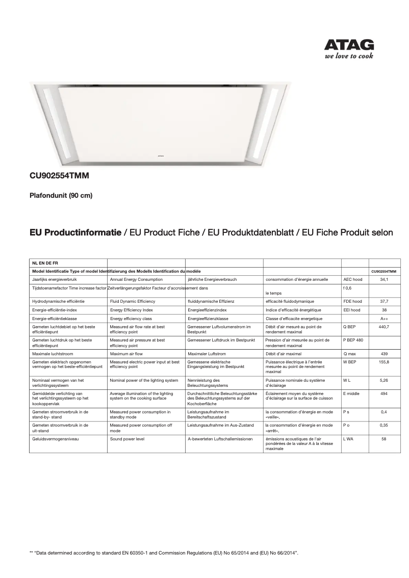 Page 1 de la notice Fiche technique Atag CU902554TMM