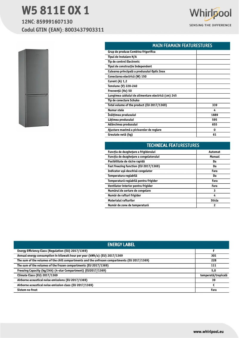 Page n°1 - Fiche technique Whirlpool W5 811E OX 1