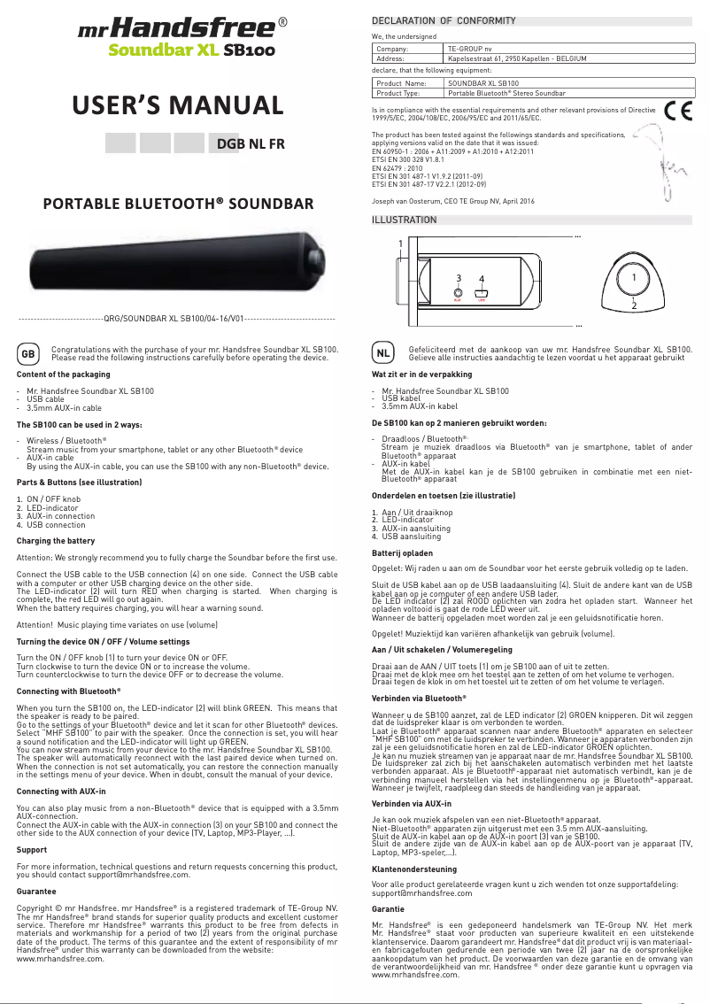 Page n°1 - Manuel utilisateur Mr. Handsfree Soundbar XL SB100