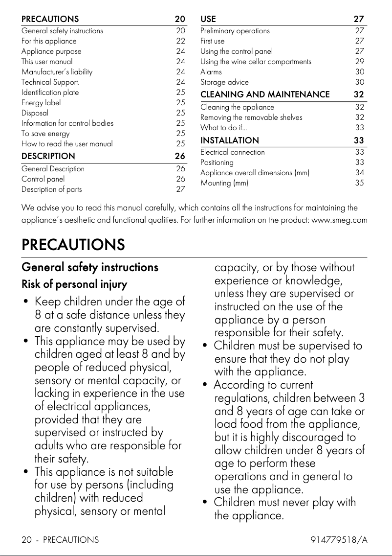 Page n°1 - Manuel utilisateur Smeg CVI138LS3