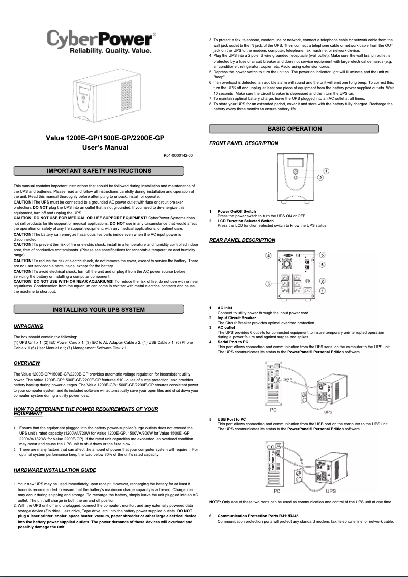 Page 1 de la notice Manuel utilisateur CyberPower Value 1200E