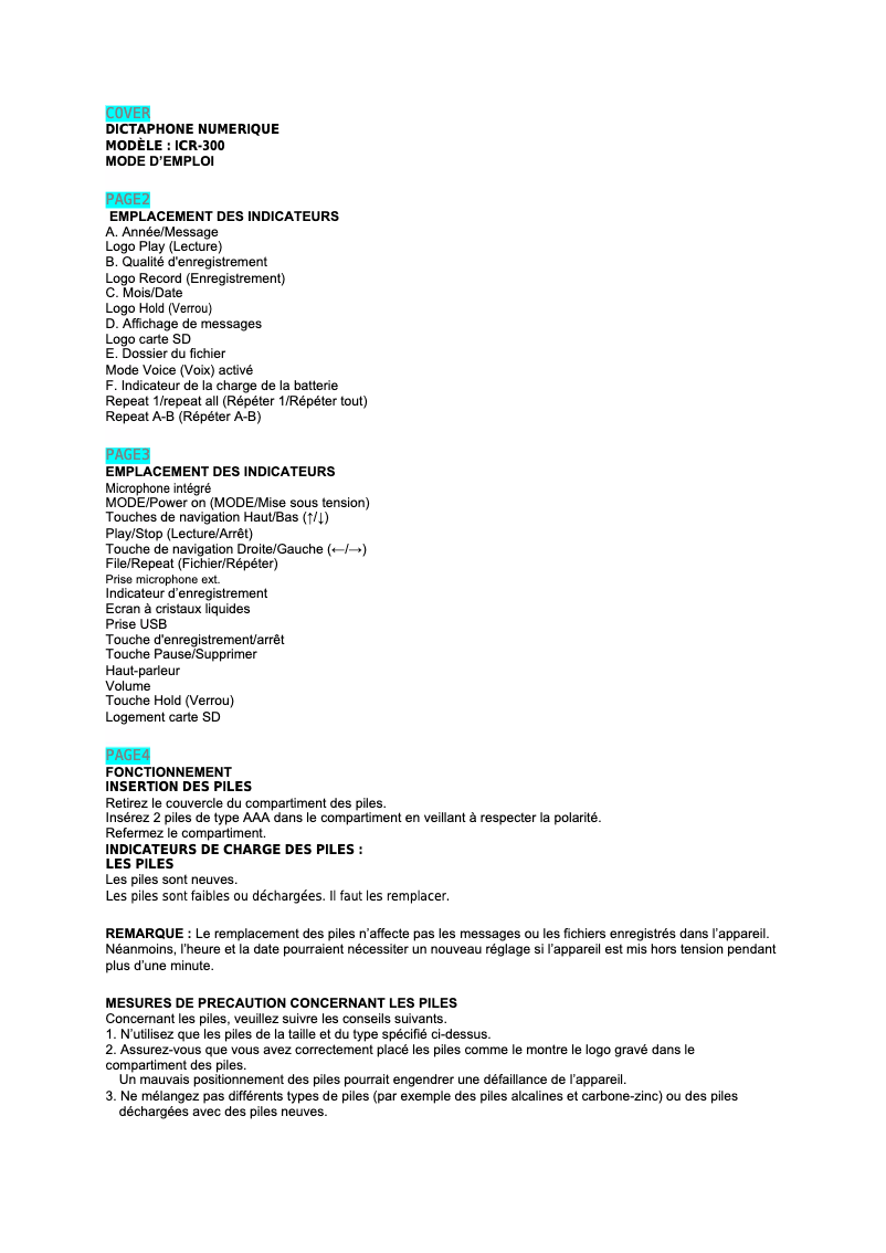 Page 1 de la notice Manuel utilisateur Mpman ICR-300